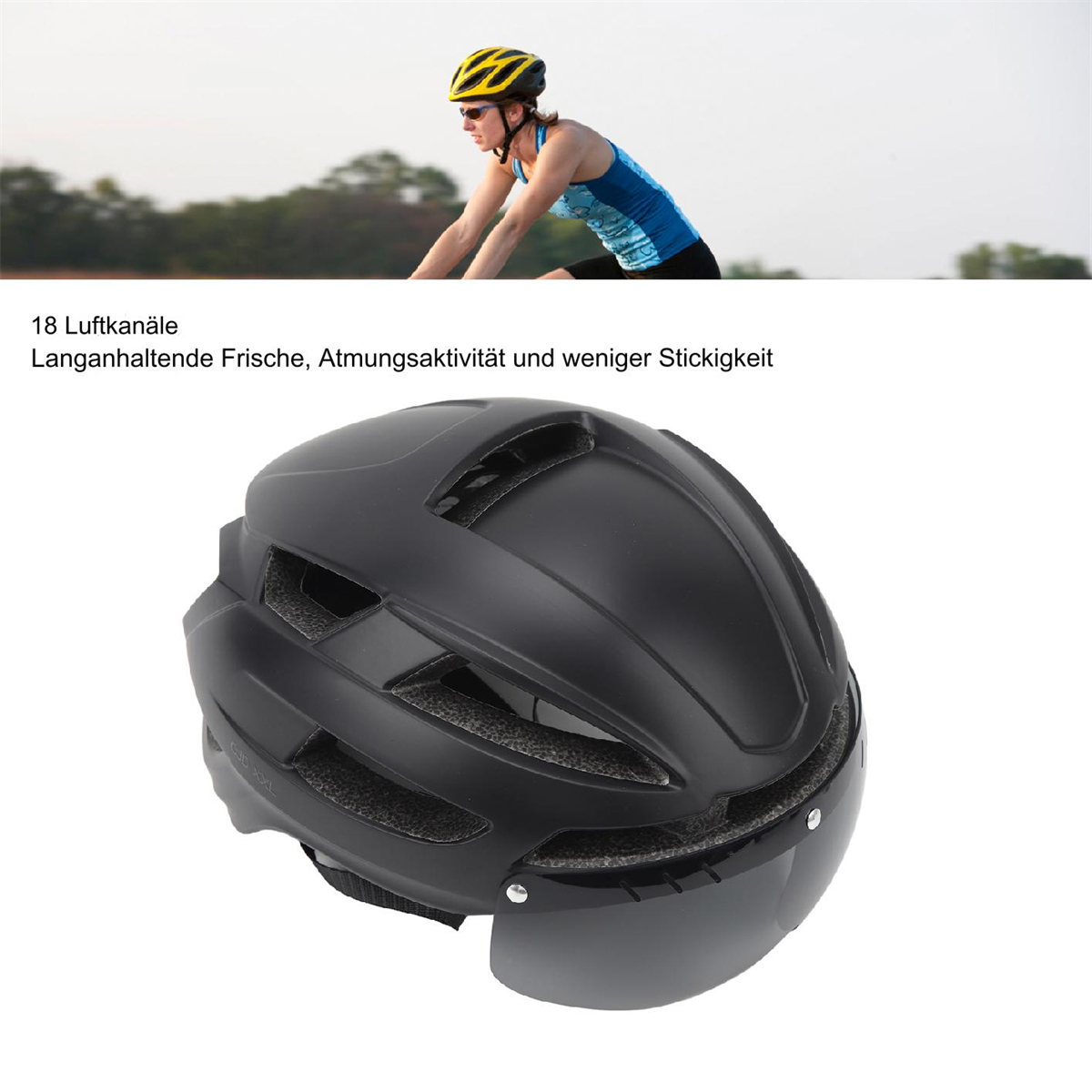 Schwarzer Fahrradhelm mit Visier, mit einem Radfahrer im Hintergrund.