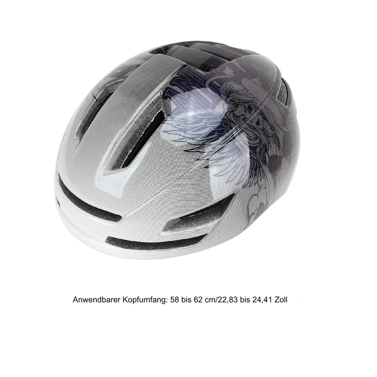 Silberner Fahrradhelm mit schwarz-grauem Design. Er hat Belüftungsöffnungen und befindet sich auf weißem Hintergrund.