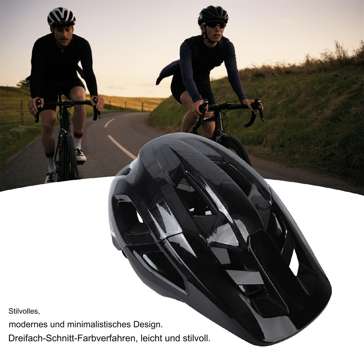 Ein schwarzer Fahrradhelm und Radfahrer, die Fahrrad fahren, werden gezeigt.