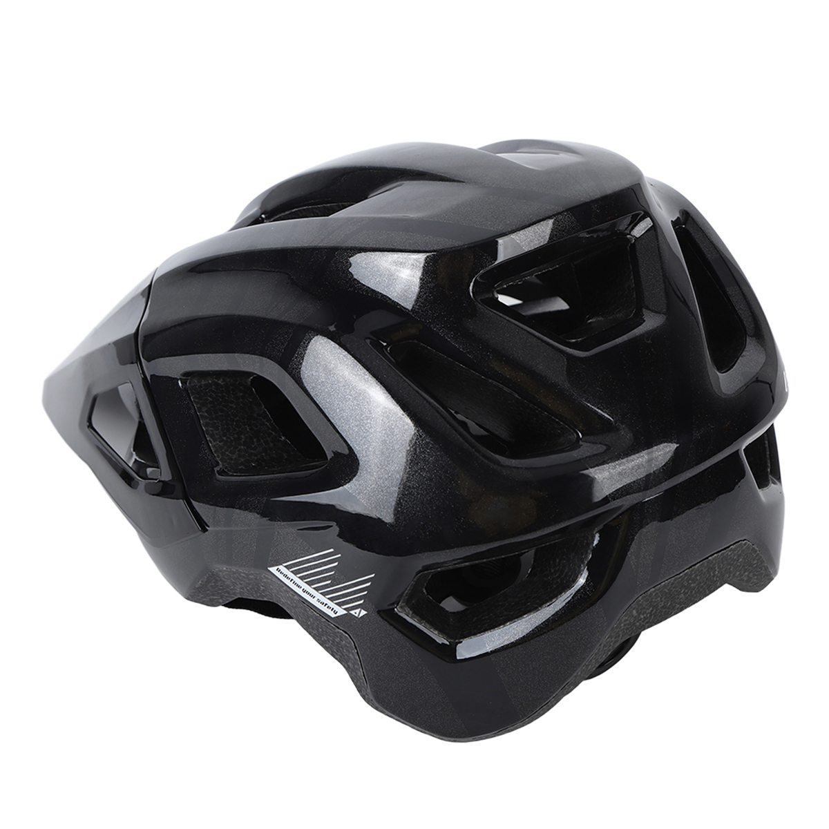 Schwarzer Fahrradhelm, glänzendes Finish. Verfügt über Belüftungsöffnungen und ein Design mit weißem Logo und einem Dreieck.
