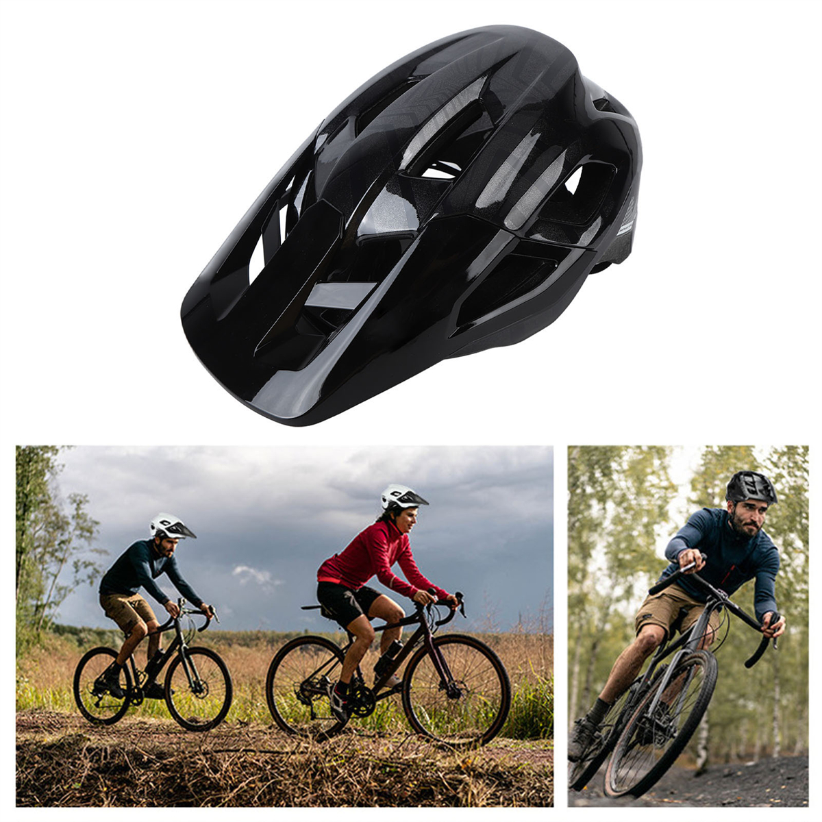 Ein schwarzer Fahrradhelm und Radfahrer, die auf Feldwegen fahren.
