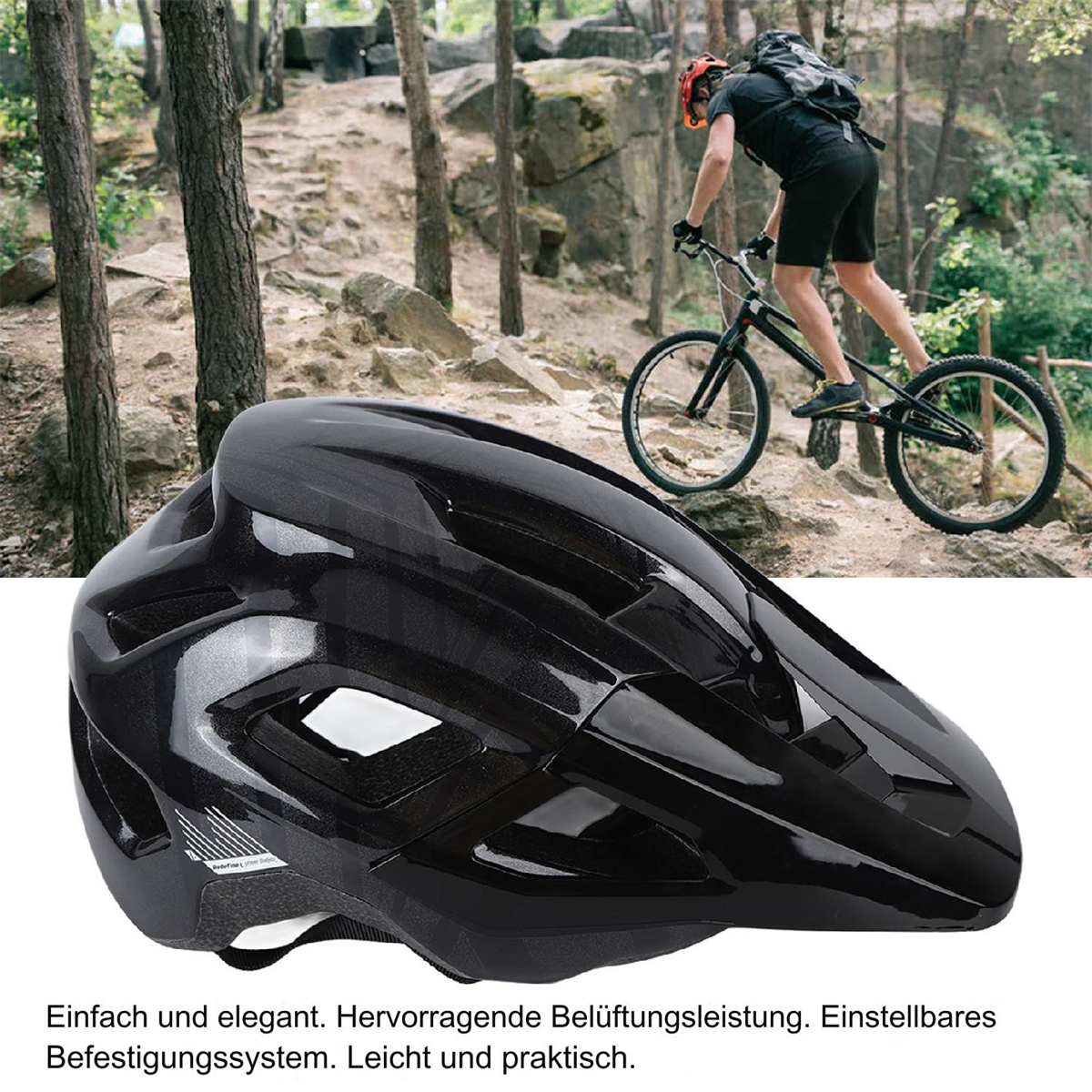 Ein schwarzer Helm auf felsigem Gelände, eine Person, die im Hintergrund Fahrrad fährt. Der Helm steht im Fokus.