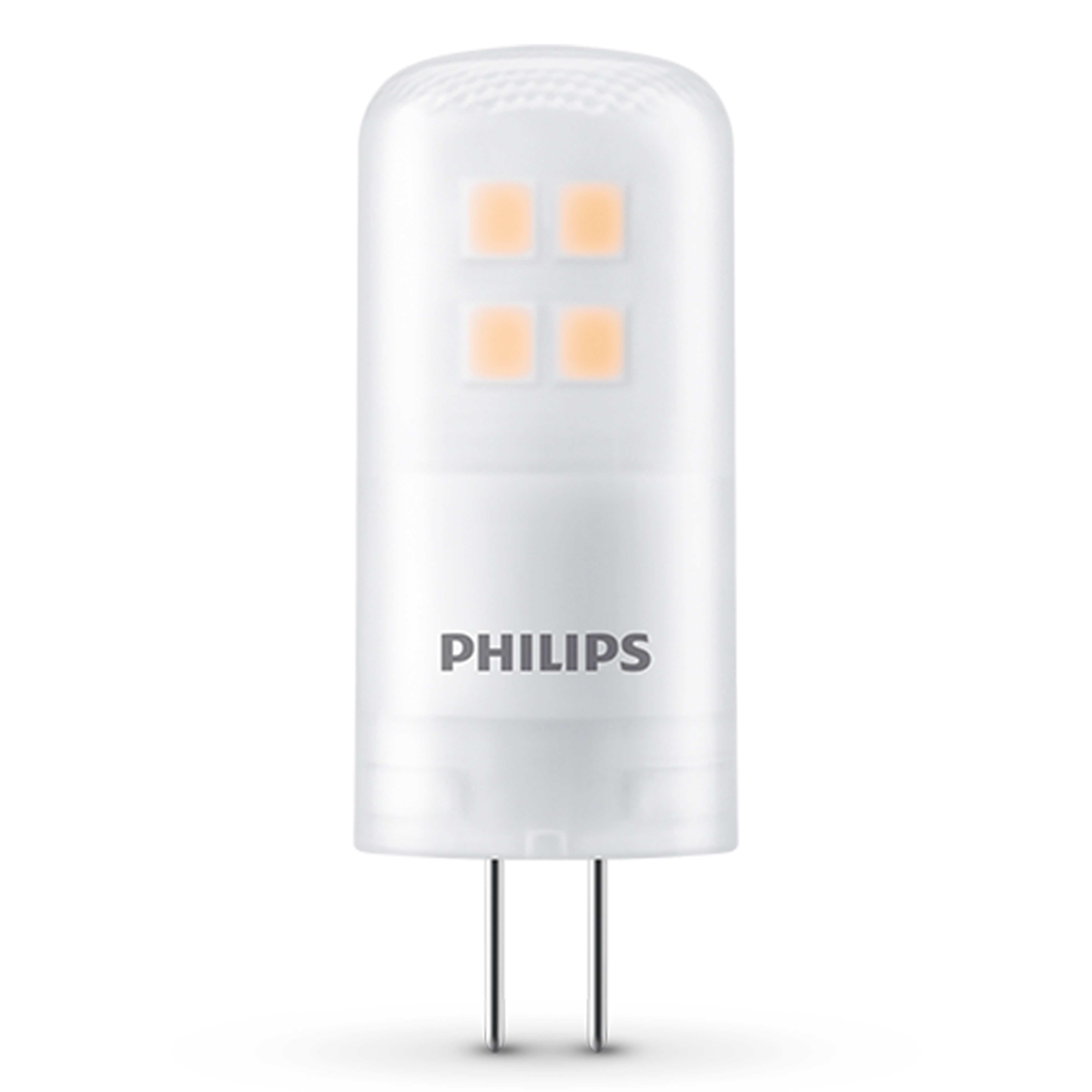 Witte Philips LED-lamp, verticaal, met vier amberkleurige lampjes, witte achtergrond.