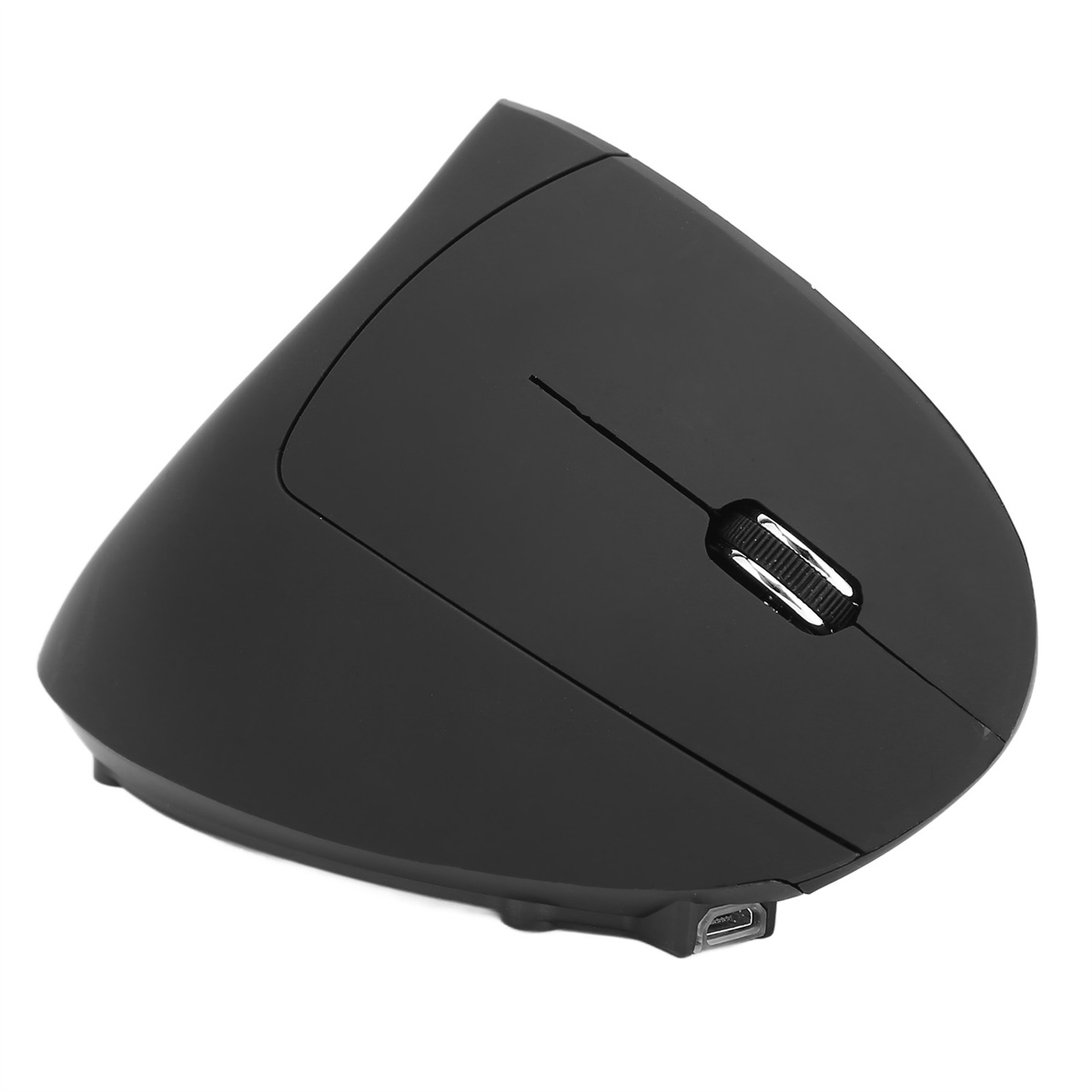 Schwarze, vertikale ergonomische Maus mit Scrollrad. Hat einen USB-C-Anschluss unten.