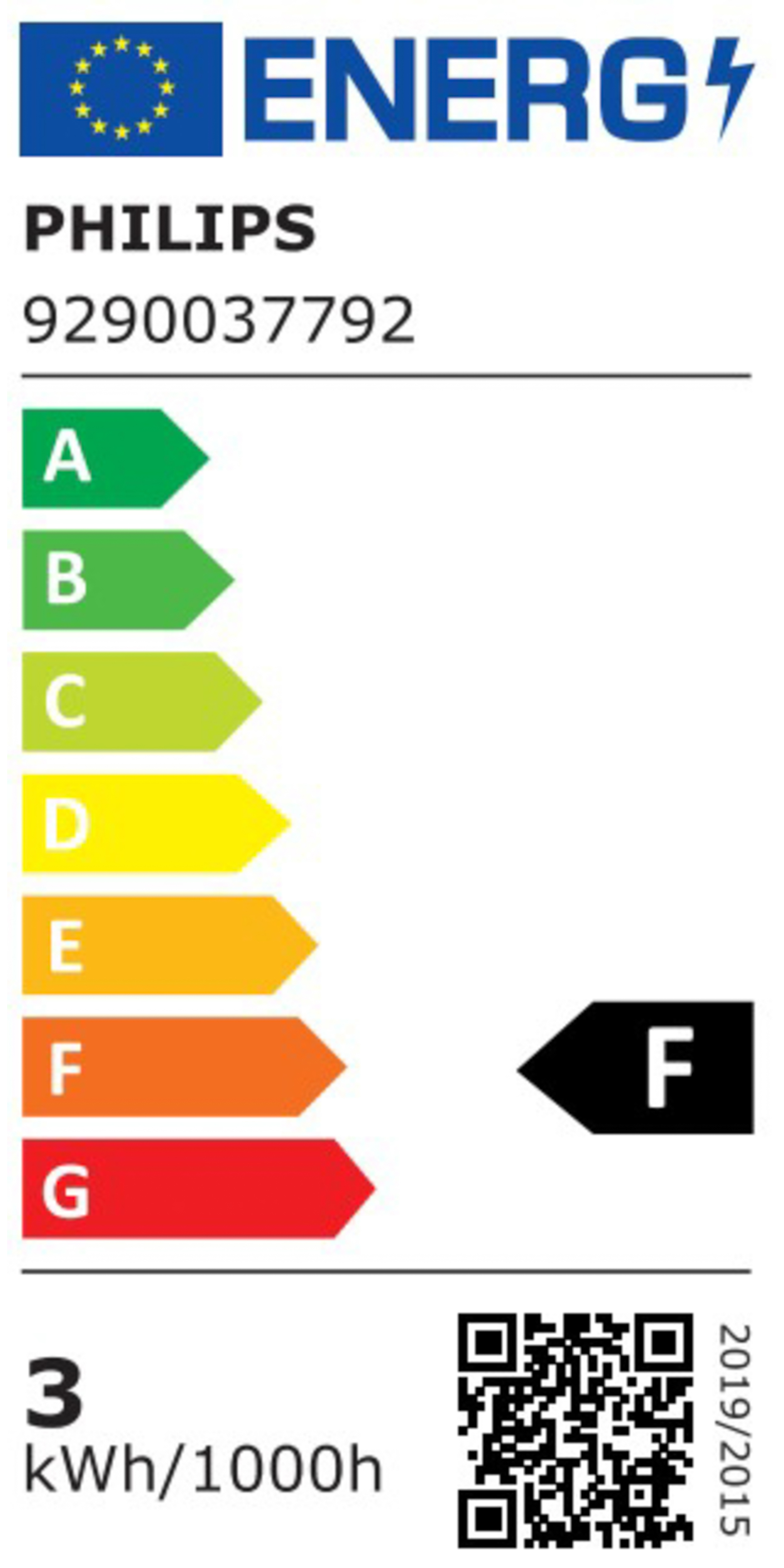 Energielabel met Philips-logo. Toont energie-efficiëntieklasse F.