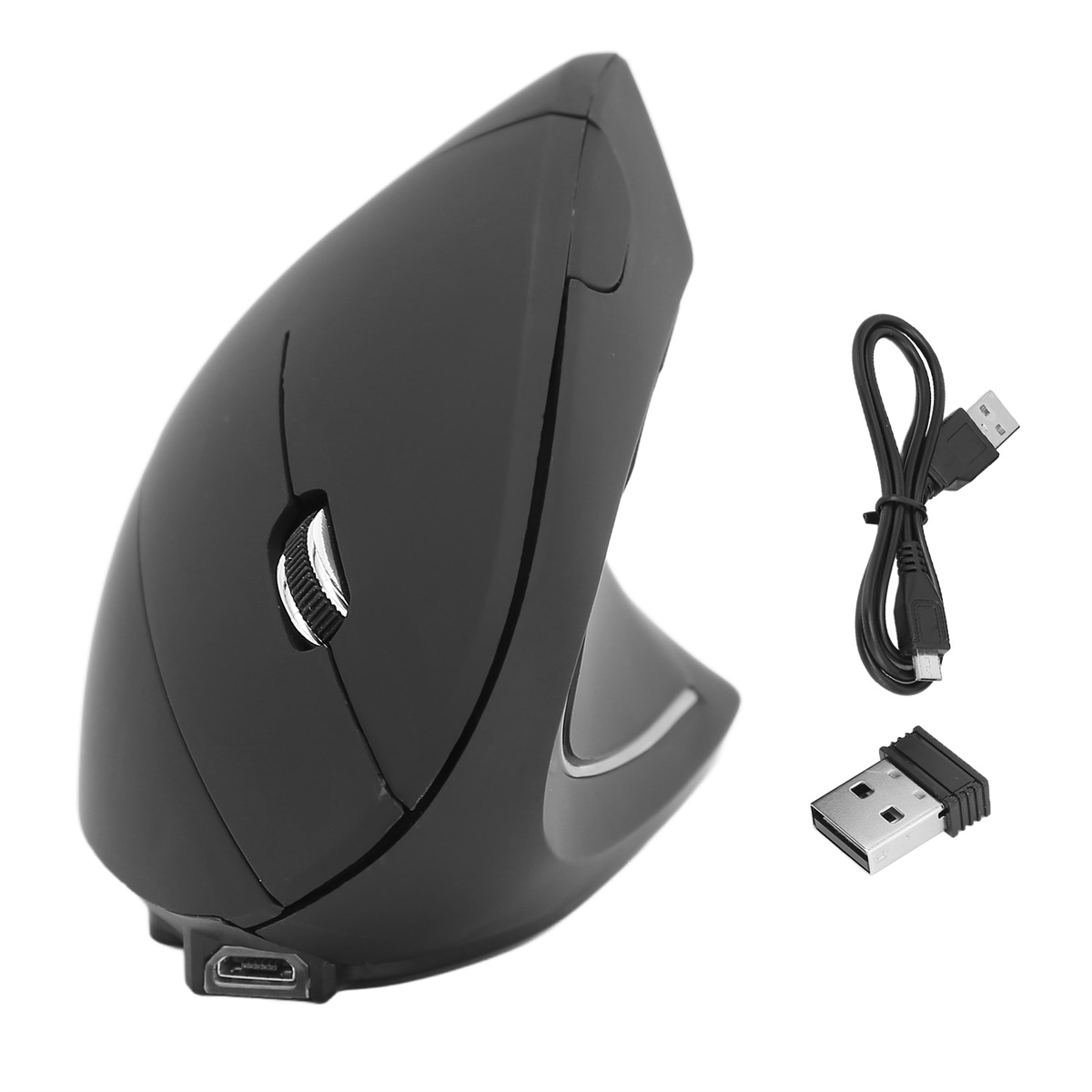 Schwarze vertikale ergonomische Maus mit USB-Kabel und USB-Empfänger.