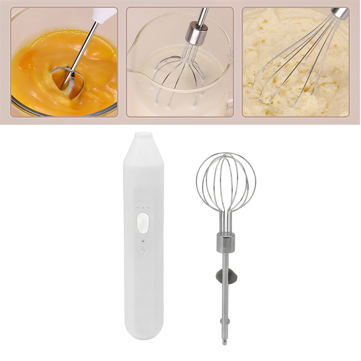 Nahaufnahme des Mischens von Eiern, Milch und Kartoffelpüree mit einem weißen elektrischen Mixer und Aufsätzen.