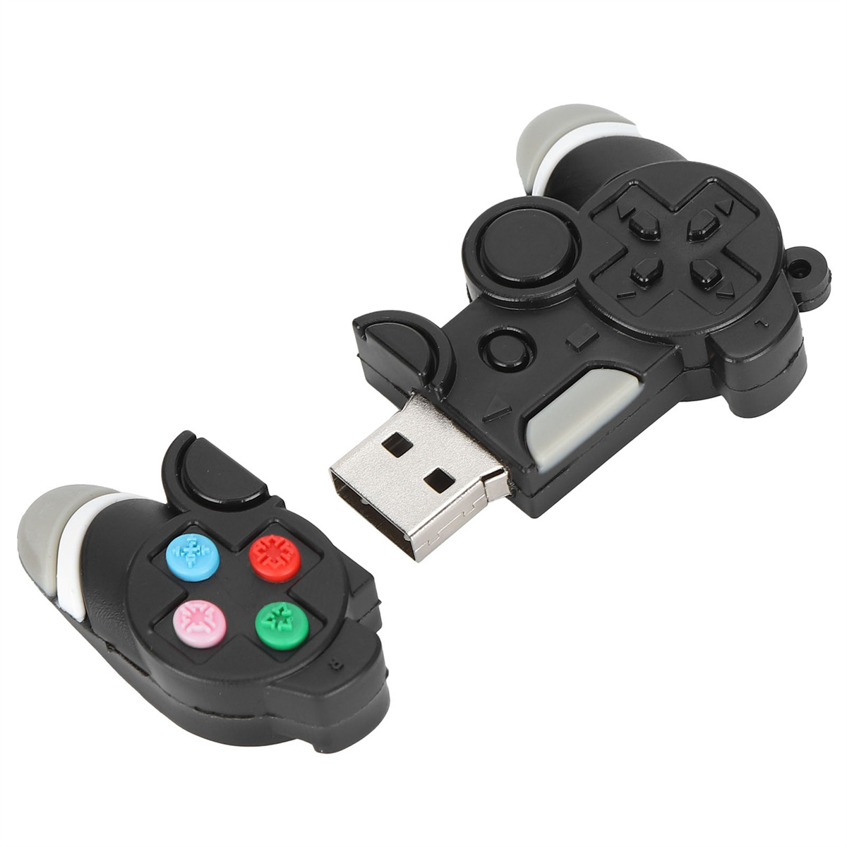Schwarzer USB-Stick in Form eines Videospiel-Controllers, zweiteilig.