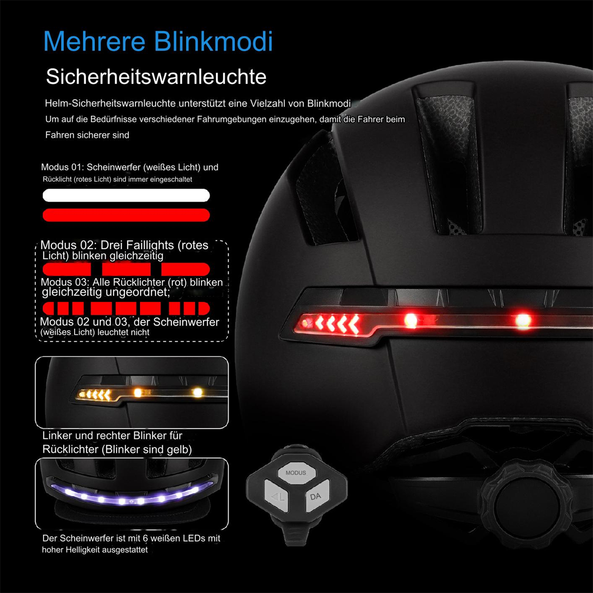 Ein schwarzer Helm mit roten Lichtern. Es gibt mehrere Diagramme, die die Lichtfunktionen zeigen.