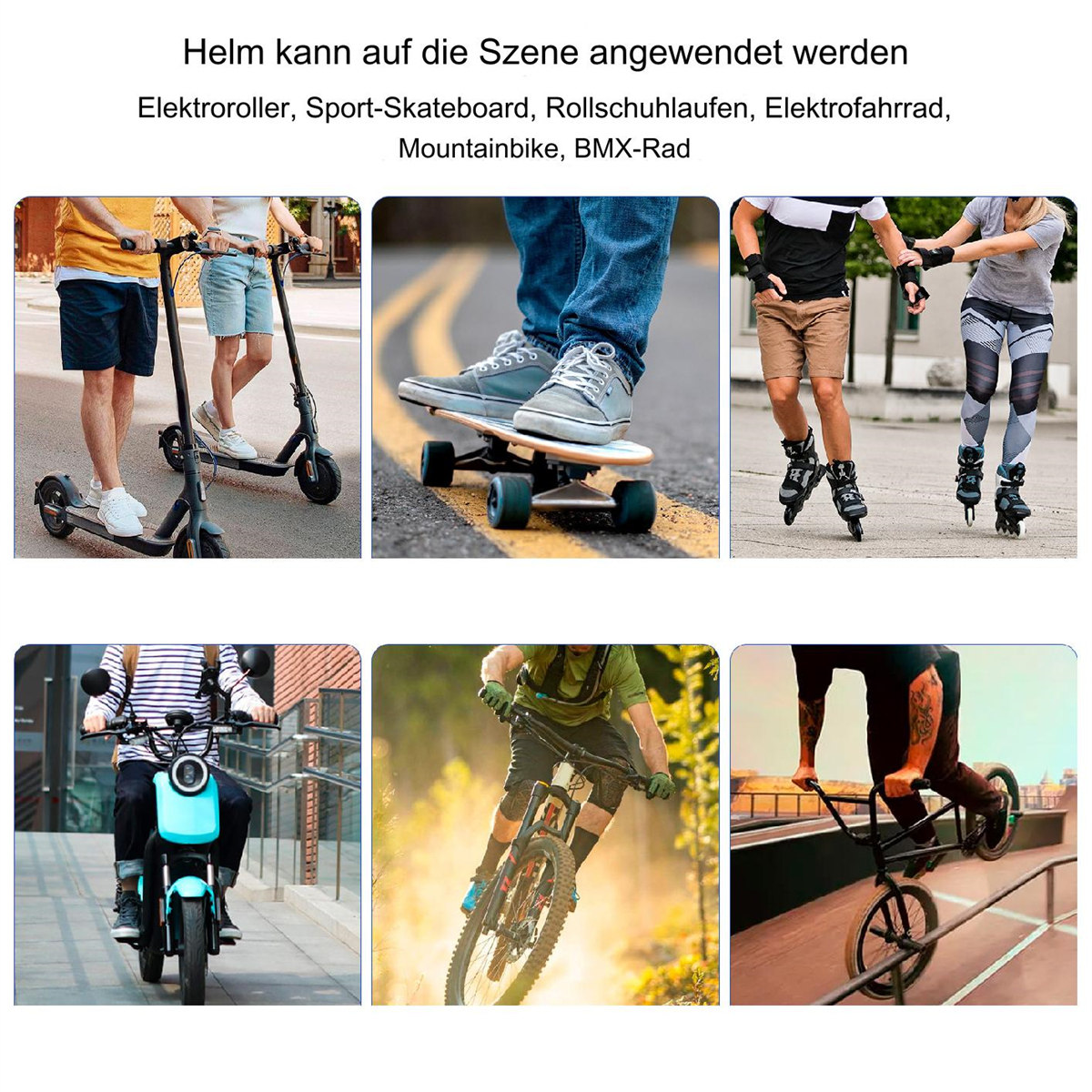 Collage von Menschen, die verschiedene Ausrüstung für Sportarten verwenden: Roller, Skateboard, Rollschuhe, Fahrrad und BMX.