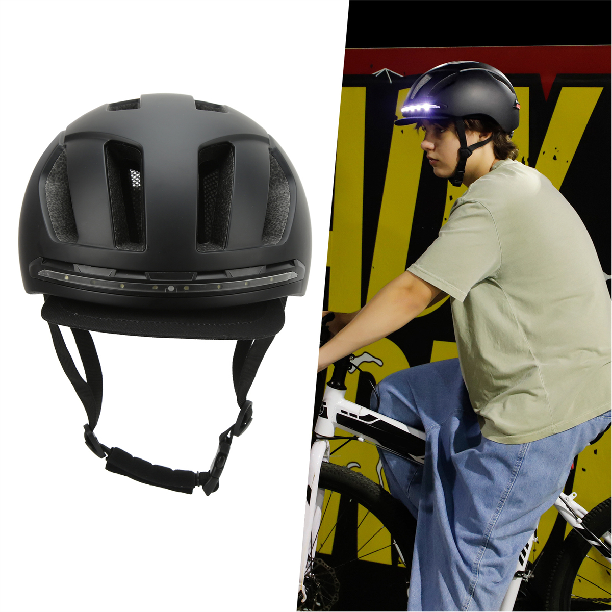 Ein schwarzer Fahrradhelm mit Lichtern. Ein Mann fährt Fahrrad und trägt den Helm. Der Hintergrund ist gelb und schwarz.