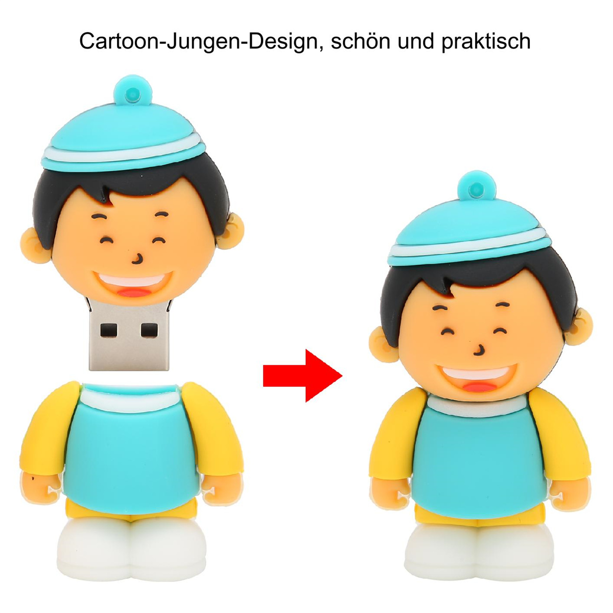 Ein Cartoon-Jungen-USB, zerlegt und montiert, zeigt eine Jungenfigur mit blauem Hut.