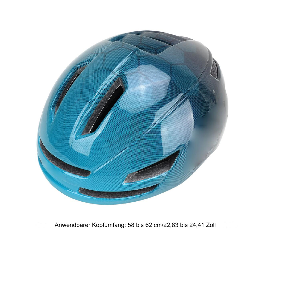 Türkisfarbener Fahrradhelm mit Lüftungsschlitzen. Er befindet sich auf weißem Hintergrund.