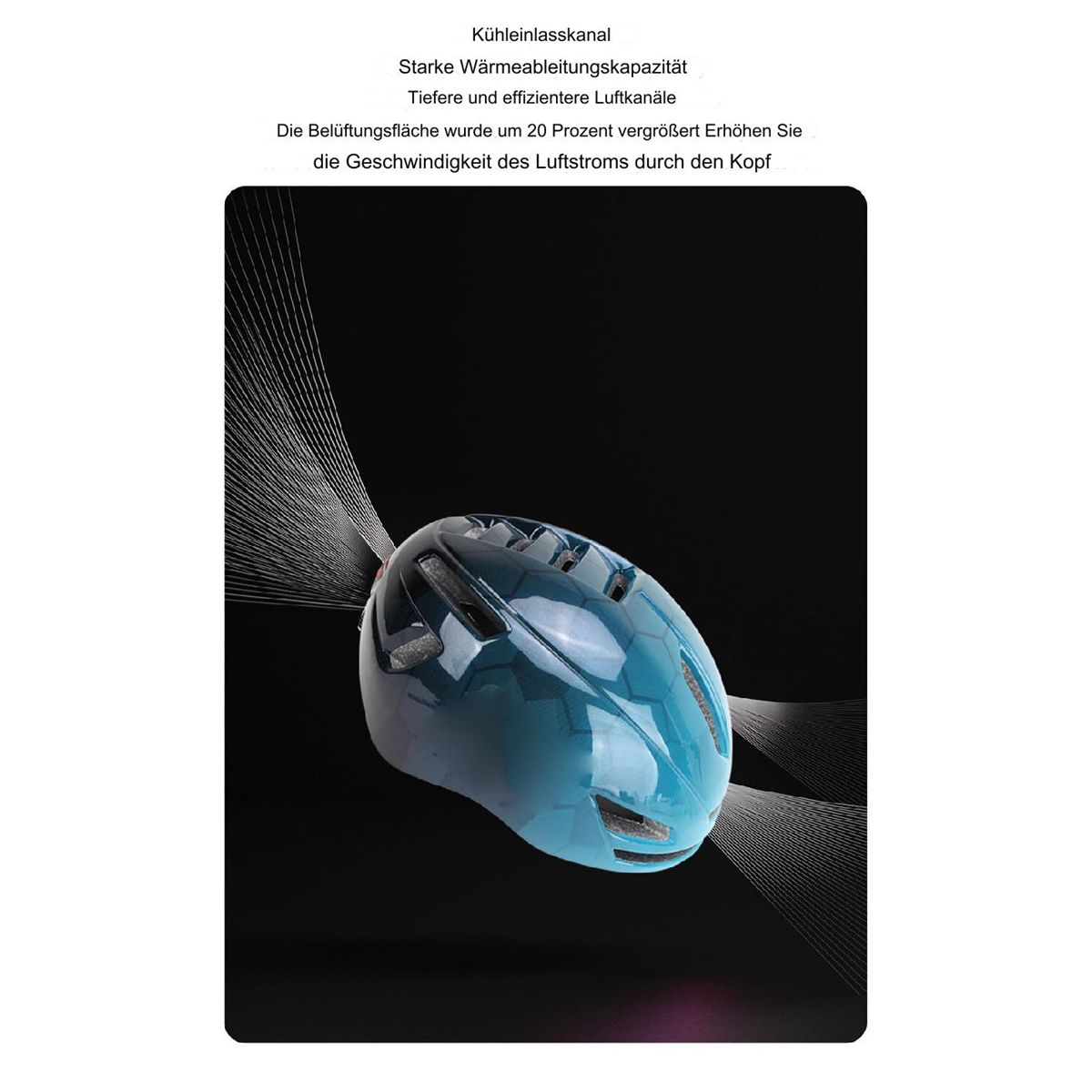 Ein blauer Helm mit weißen Linien und Luftschlitzen. Weiße Linien zeigen den Luftstrom. Schwarzer Hintergrund.
