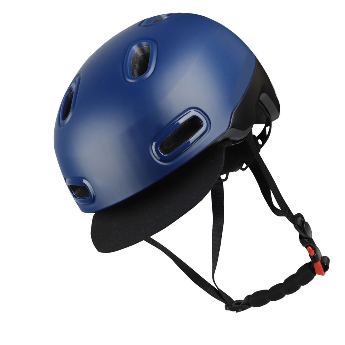Blauer Helm mit schwarzen Riemen und Belüftungsöffnungen. Er befindet sich auf weißem Hintergrund.