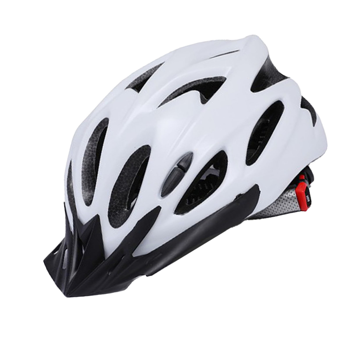 Weißer Fahrradhelm mit schwarzem Visier und Belüftungsöffnungen. Rotes Einstellrad hinten.