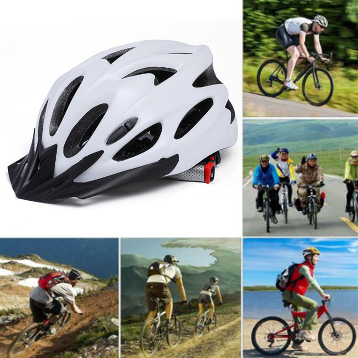 Ein weißer Fahrradhelm. Radfahrer werden in verschiedenen Umgebungen gezeigt.