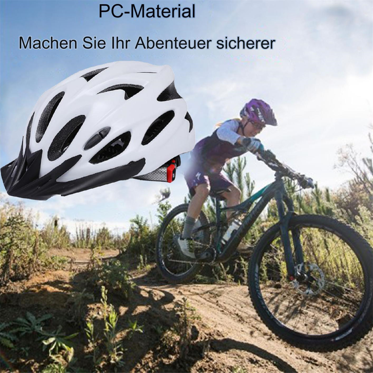 Ein Radfahrer mit Helm fährt auf einem Feldweg Fahrrad, mit Text darüber.