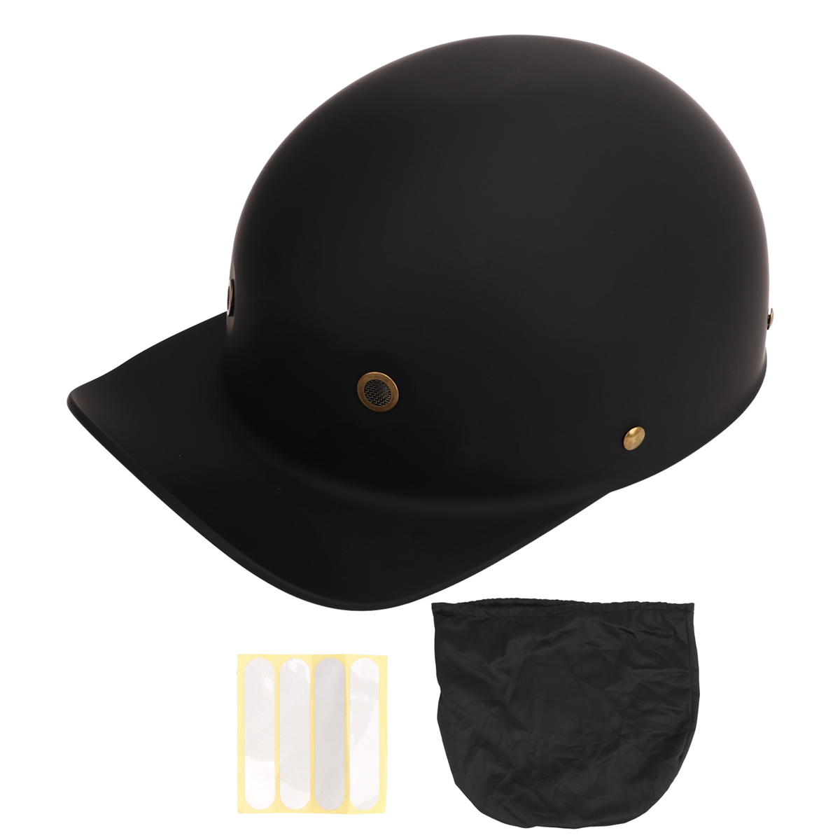 Schwarzer Baseballkappenhelm mit Visier und Zubehör.