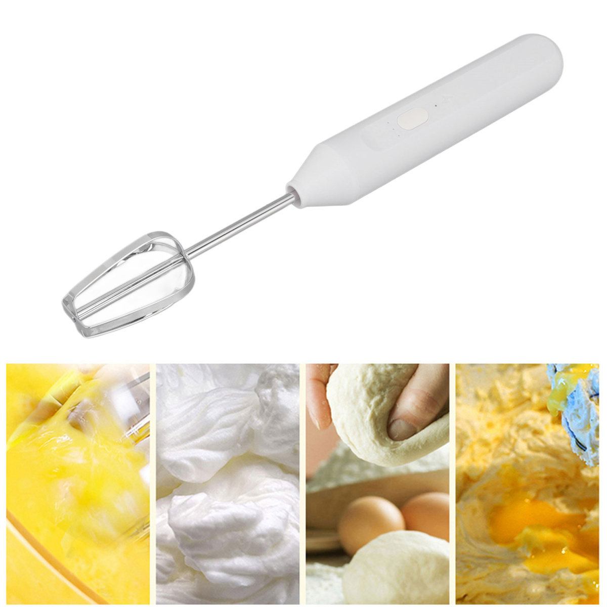 Weißer Handmixer mit Schneebesen. Mehrere Bilder zeigen Zutaten und Mischvorgänge. Weißer Hintergrund.