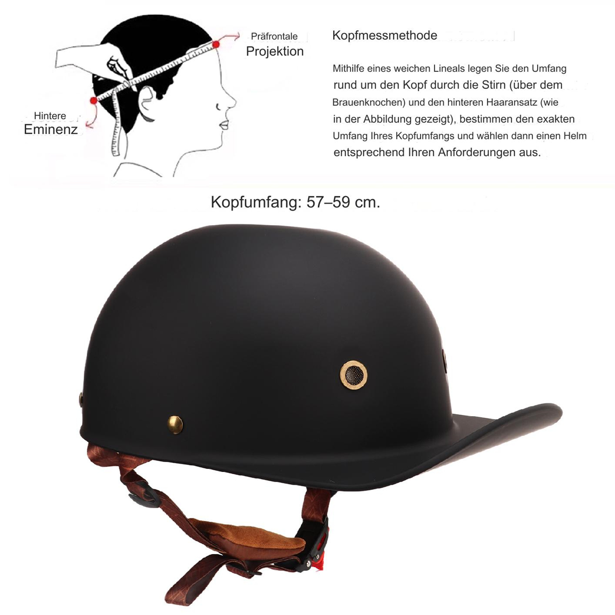 Schwarzer Helm mit Visier, mit Diagramm der Kopfvermessung.
