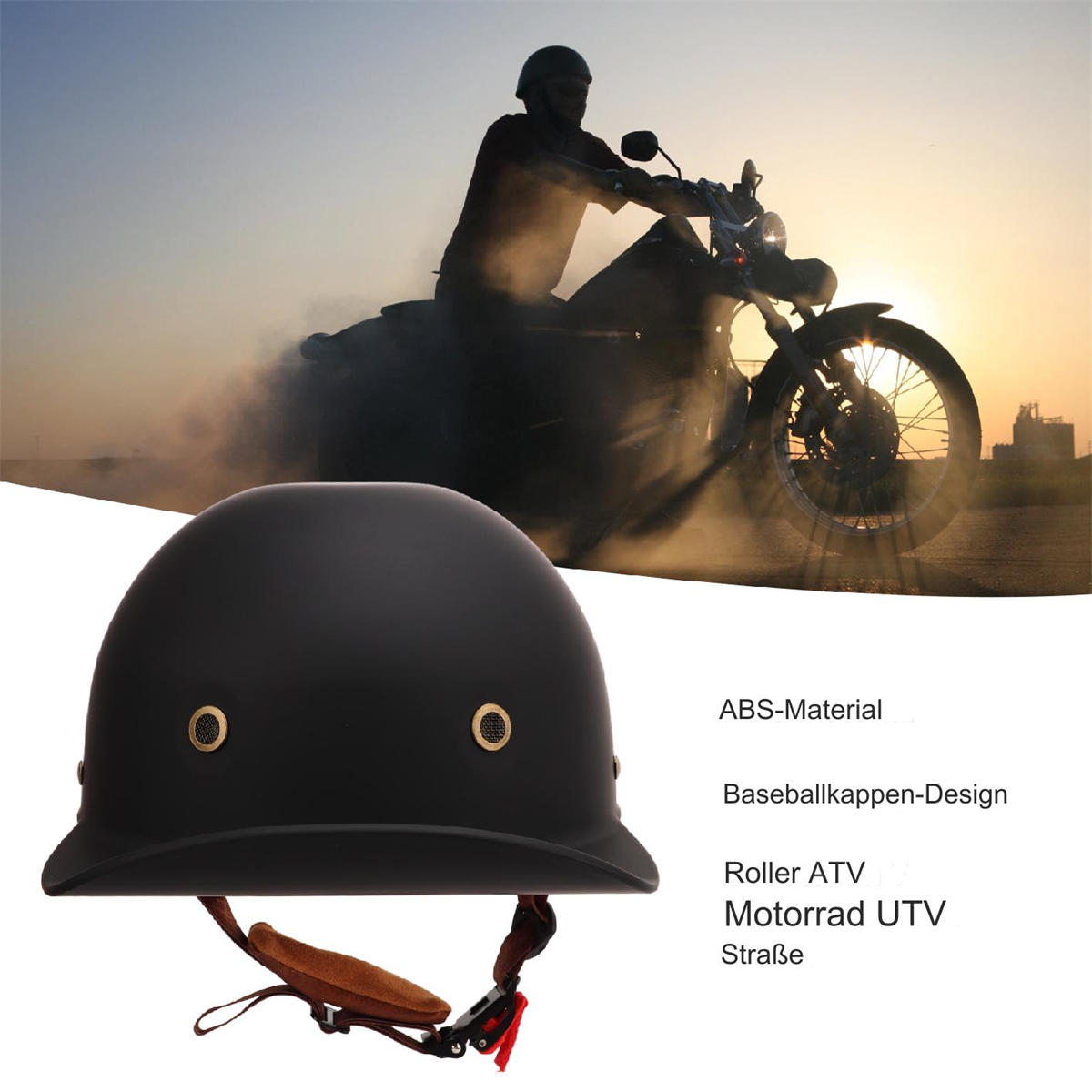 Schwarzer Helm mit Motorrad und Fahrer im Hintergrund, mit Text über den Helm.