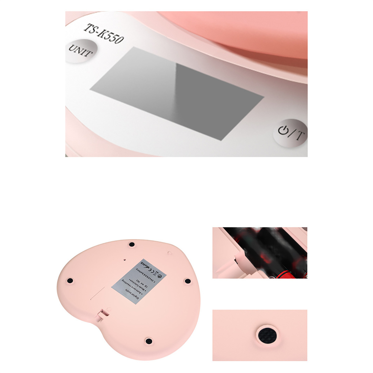 Rosa herzförmige Waage. Die Waage hat eine Digitalanzeige und ein Batteriefach.