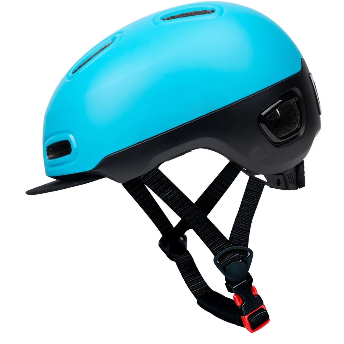Ein blau-schwarzer Fahrradhelm mit schwarzem Riemen und roter Schnalle.