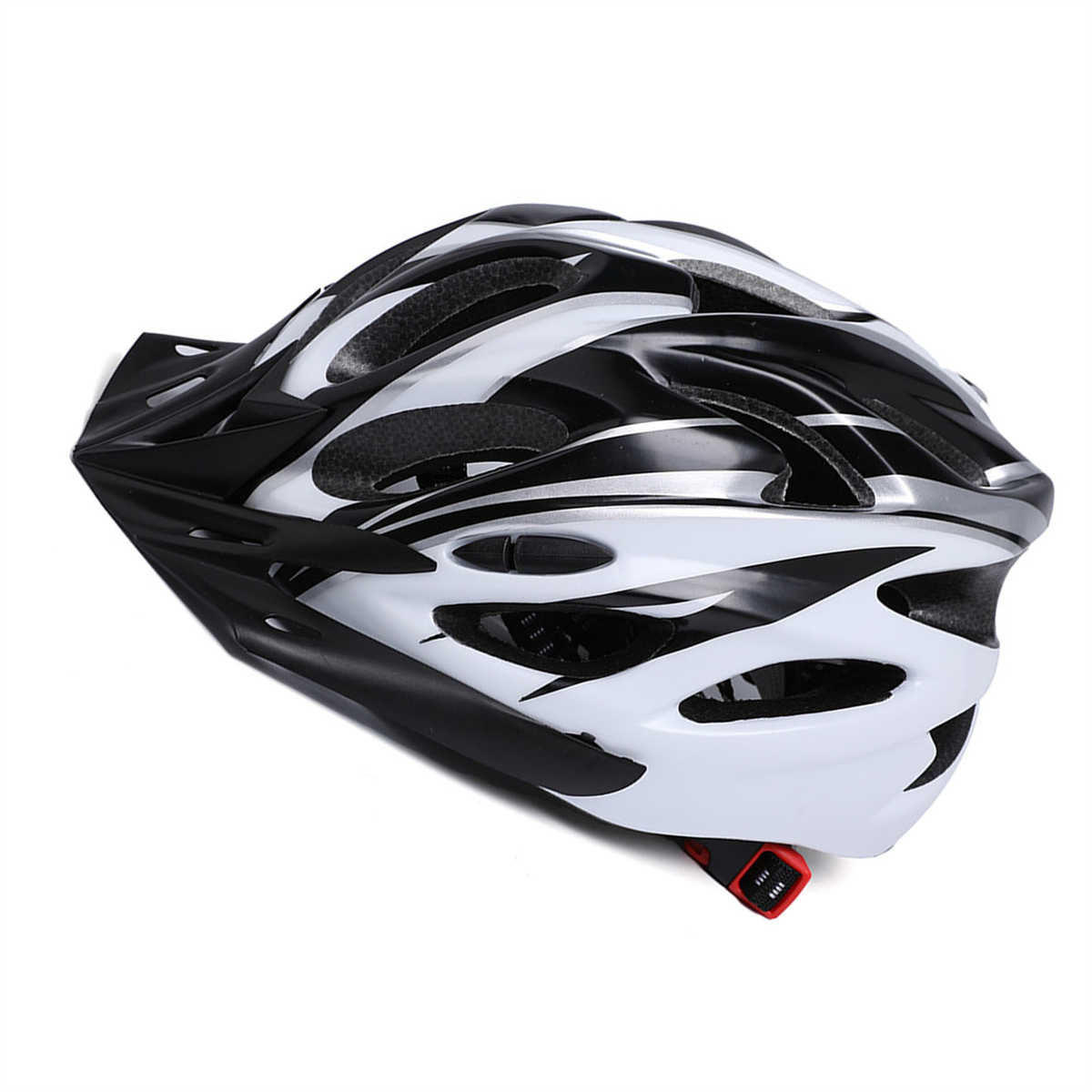 Schwarzer und weißer Fahrradhelm mit Belüftungsöffnungen, Visier und rotem Verstellrad.