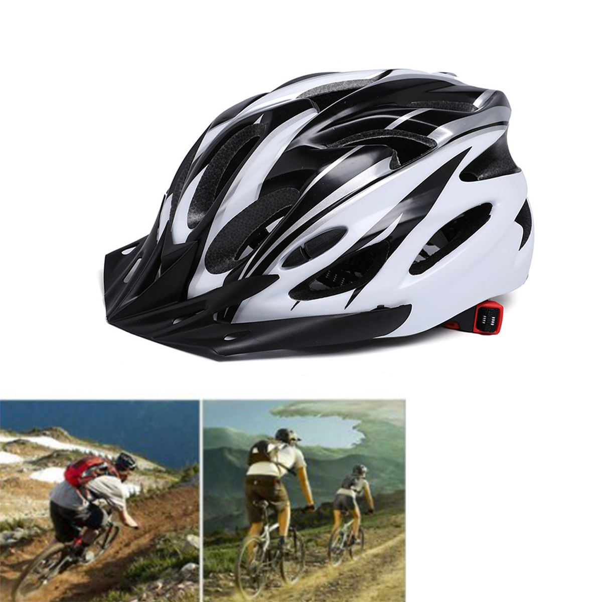 Schwarz-weißer Fahrradhelm mit Belüftungsöffnungen, gezeigt mit Radfahrern im Hintergrund.