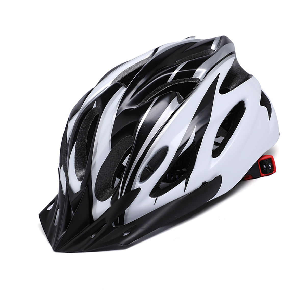 Ein weißer und schwarzer Fahrradhelm mit Visier. Der Helm ist auf weißem Hintergrund.