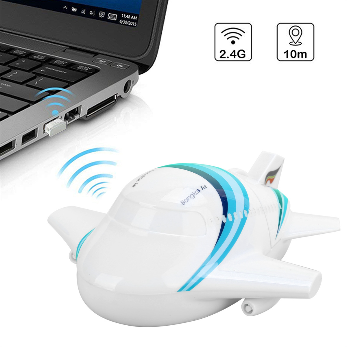Ein weißes, flugzeugförmiges drahtloses Gerät mit einem Laptop. Es hat ein 2,4G-Signal und eine Reichweite von 10 m.