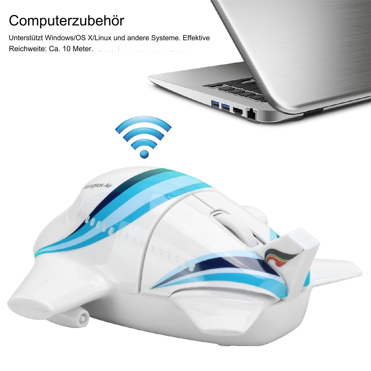 Weiße Maus in Flugzeugform mit blauen Streifen und einem Laptop im Hintergrund.