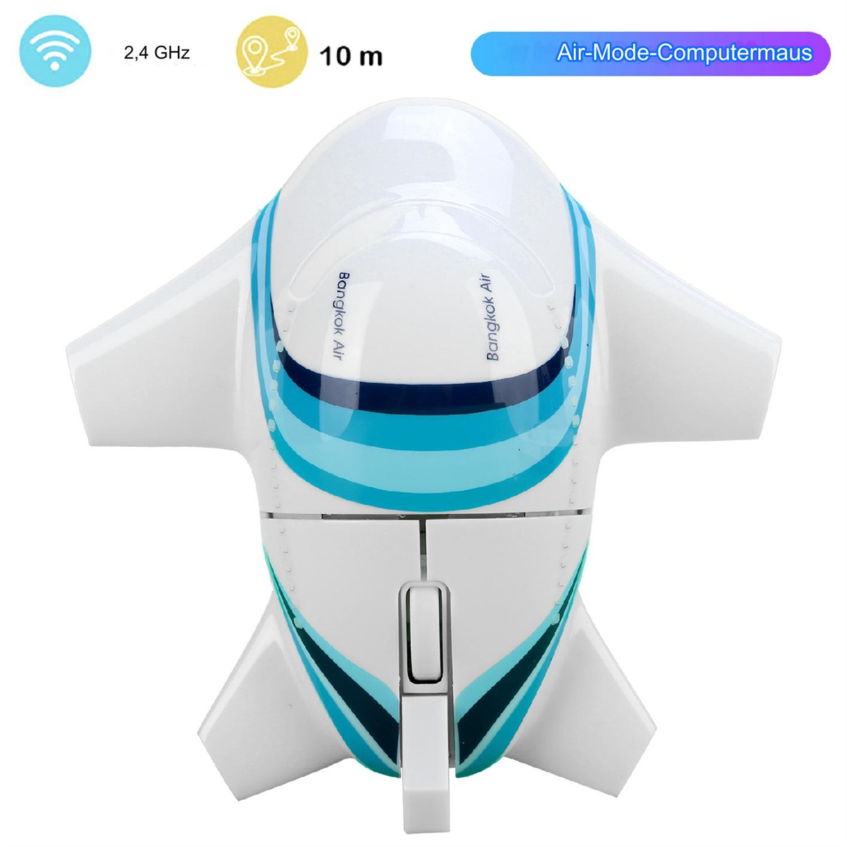 Flugzeugförmige Computermaus. Weißes und blaues Design. Zeigt eine Maus mit Flügeln. Text: Air-Mode-Computermaus.