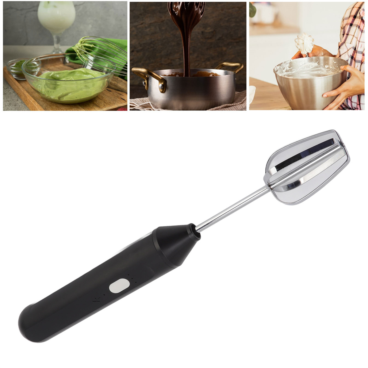 Ein Bild eines Handmixers und einige Bilder von Speisenzubereitung: Sahne, Schokolade und Teig.