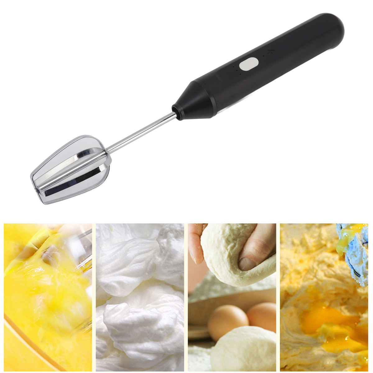 Schwarzer und silberner Handmixer mit Schneebesenaufsatz und Bildern von Speisenzubereitung.