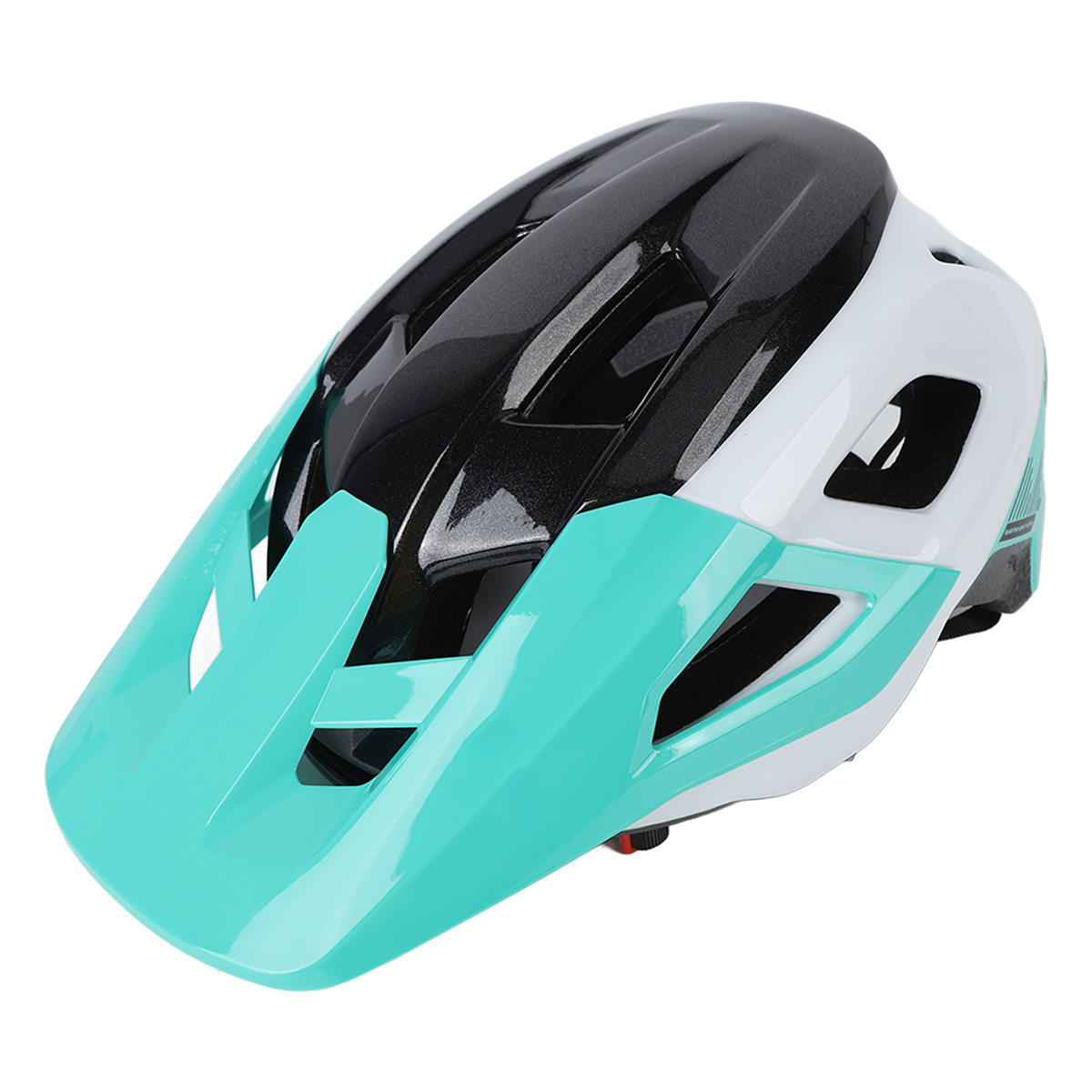 Ein Mountainbike-Helm, mehrfarbig, mit einem türkisfarbenen Visier und schwarz-weißen Akzenten.