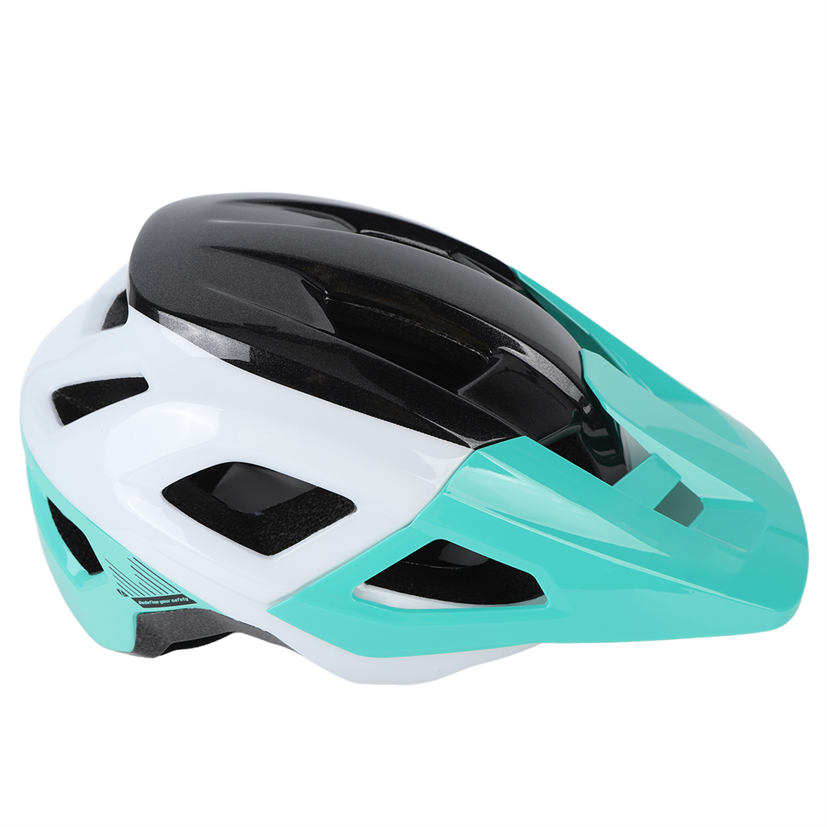 Ein weiß-türkisfarbener Fahrradhelm mit Belüftungsöffnungen und Visier.