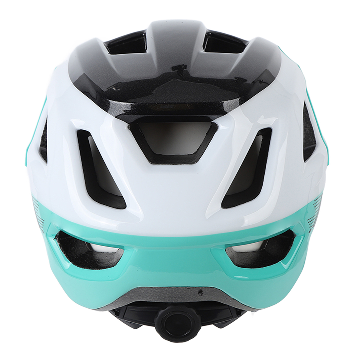 Ein weißer und türkisfarbener Fahrradhelm, mit schwarzen Akzenten, von hinten gezeigt.