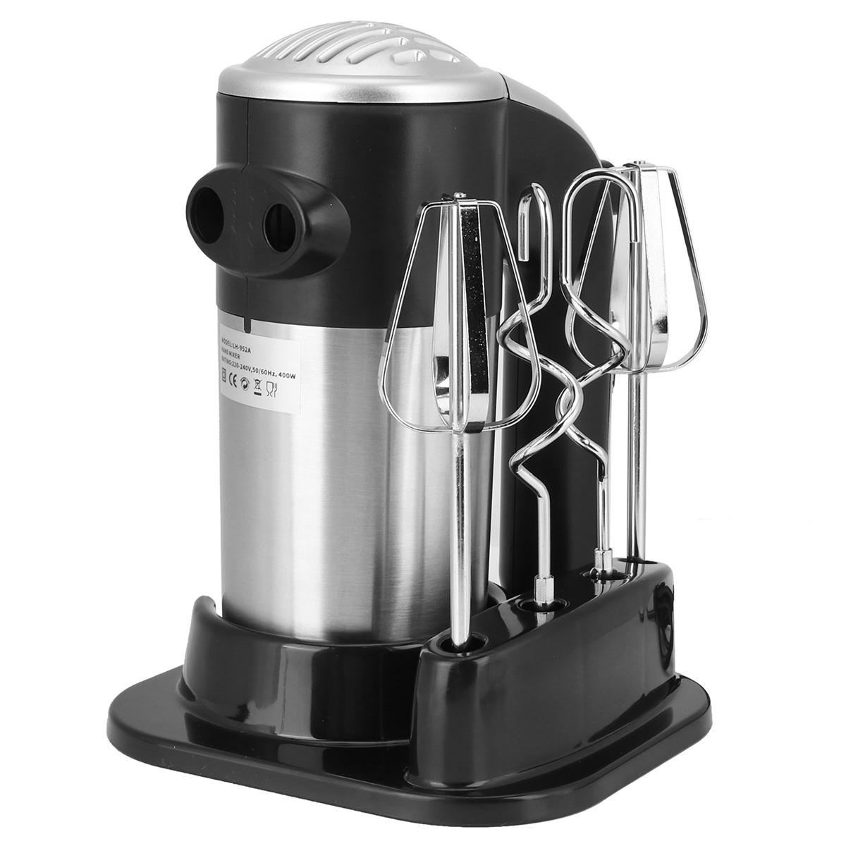 Elektrischer Handmixer mit Aufsätzen in schwarzer Basis, Edelstahl und Schwarz.
