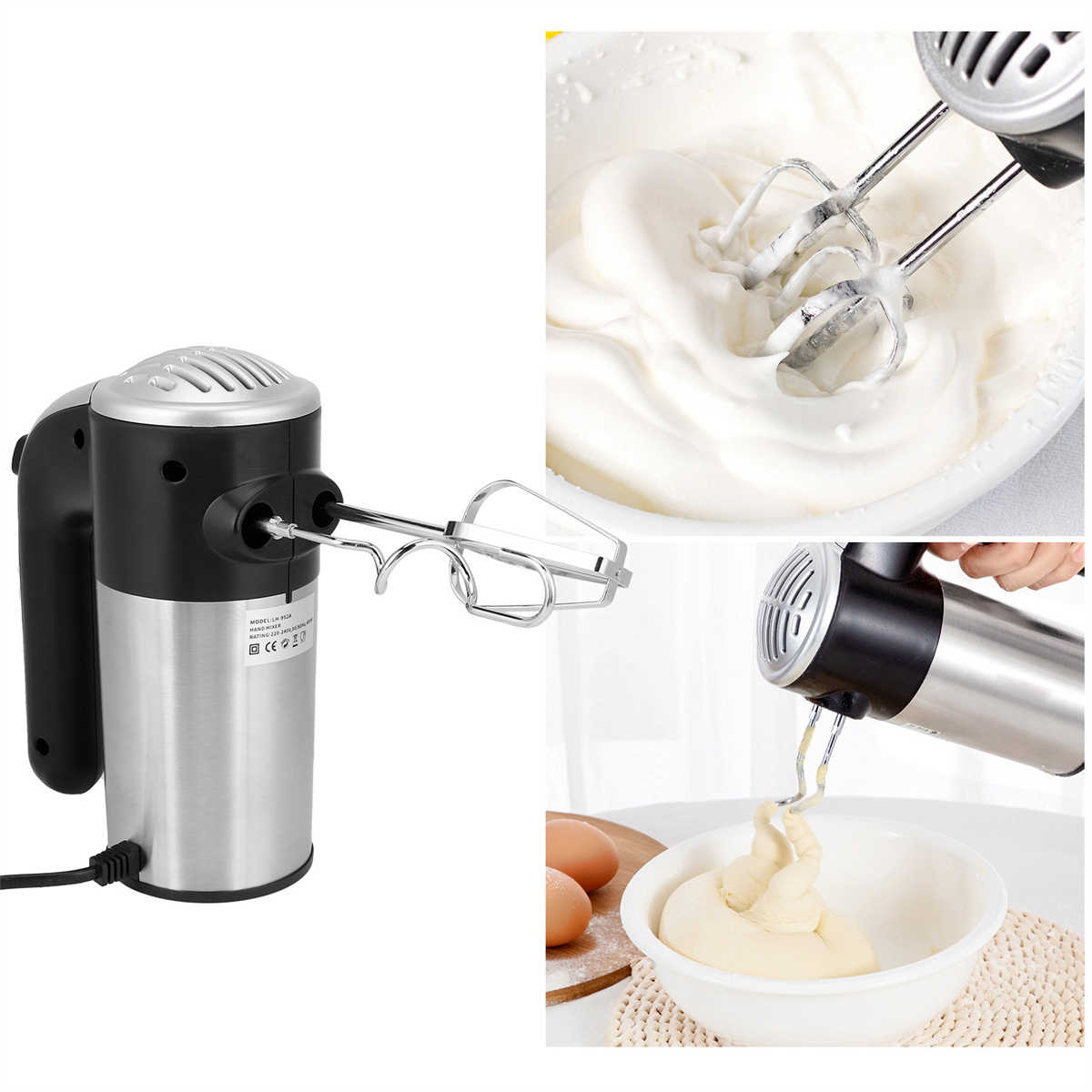 Ein silberner und schwarzer Handmixer mit Aufsätzen in Gebrauch.
