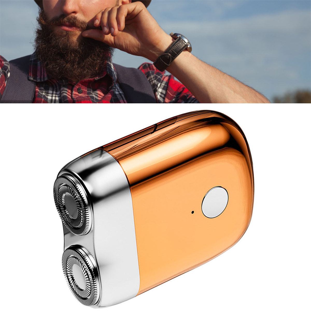 Nahaufnahme des Gesichts eines Mannes mit Bart. Eine Rasurmaschine befindet sich im Vordergrund, kupferfarben.