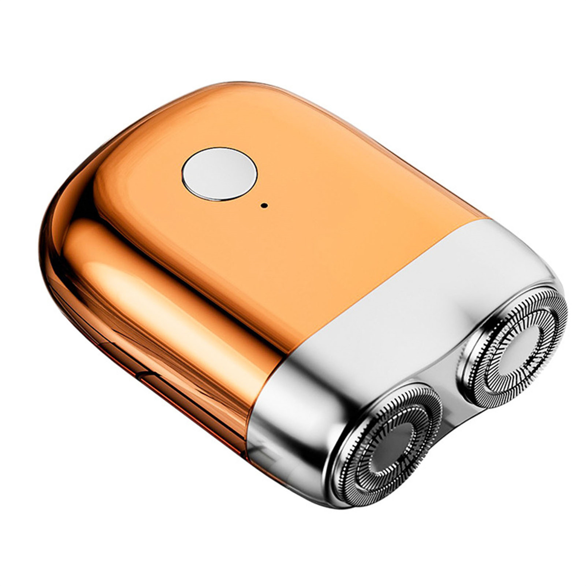 Kleiner, gold-silberner Rasierer mit zwei Rotationsköpfen und einem Knopf.