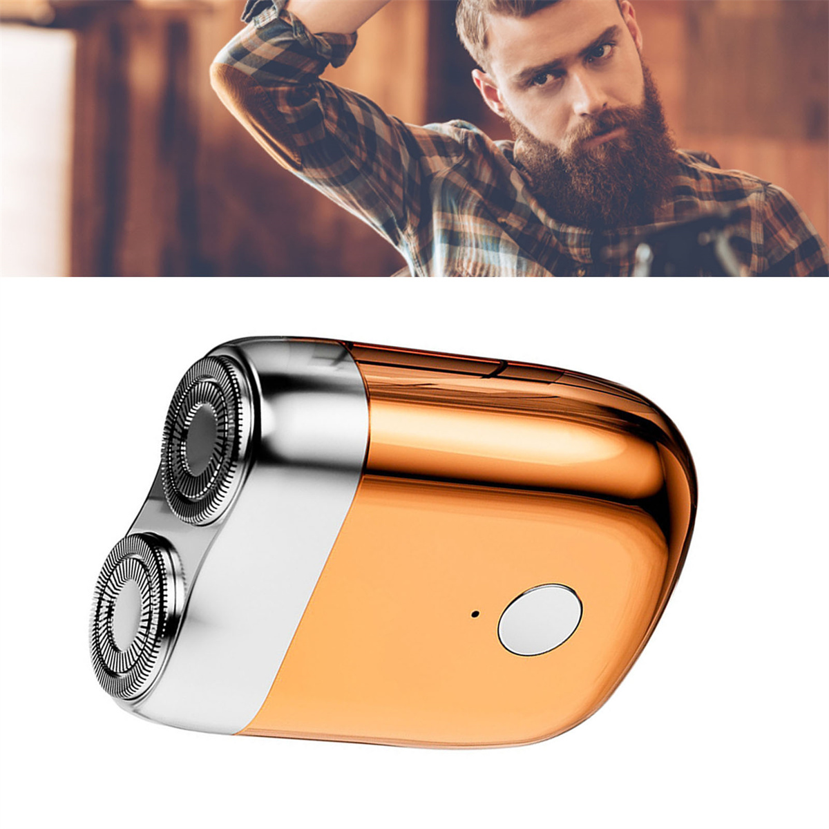 Ein Mann mit Bart betrachtet einen Rasierer. Der Rasierer ist metallisch orange und silber.