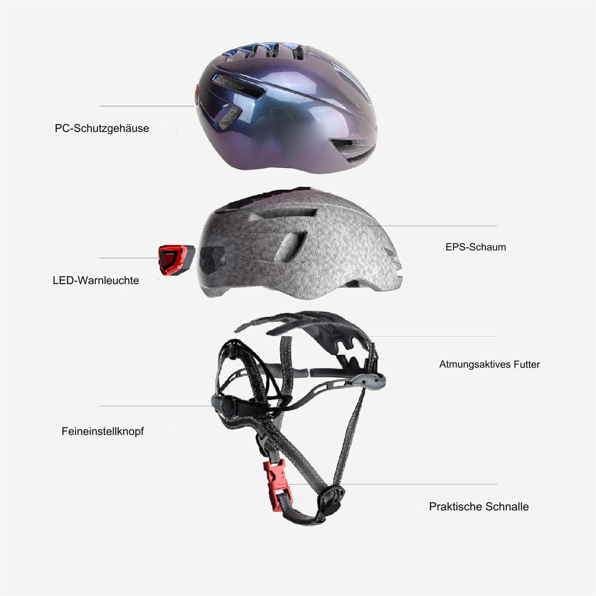Diagramm eines zerlegten Fahrradhelms mit Teilen, einschließlich Licht und Riemen.