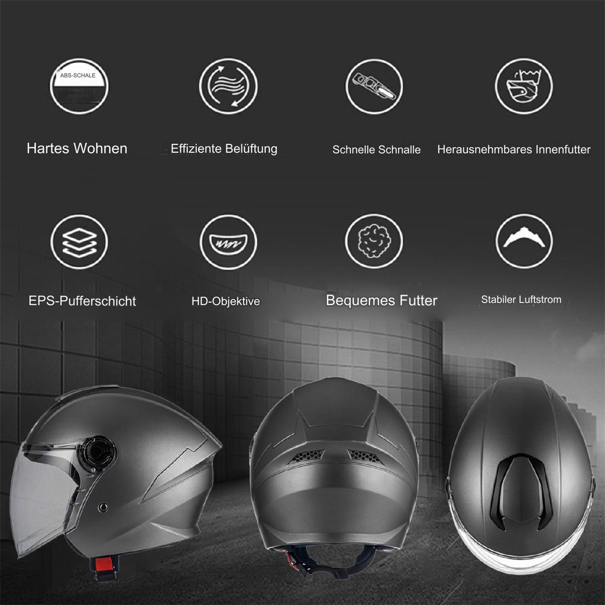 Grauer Motorradhelm mit verschiedenen Funktionen und Symbolen, in verschiedenen Winkeln dargestellt.