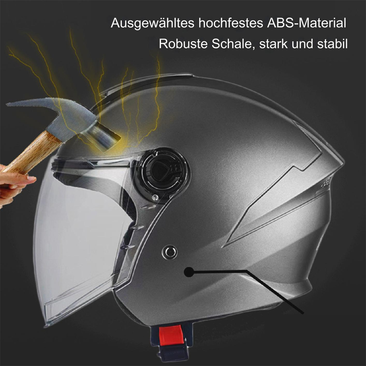 Ein grauer Helm, der mit einem Hammer getestet wird, mit Text darüber.