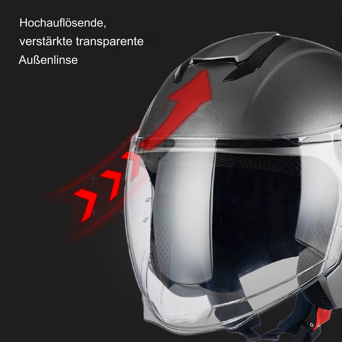 Ein grauer Motorradhelm mit klarem Visier und einem roten Pfeil nach oben.