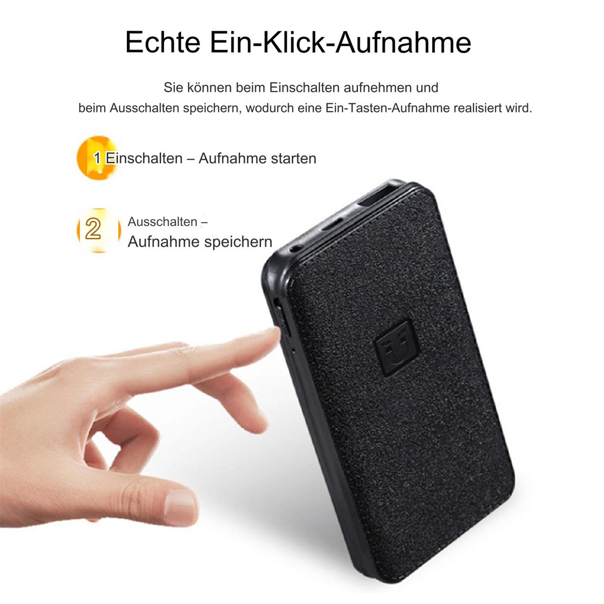 Ein kleines schwarzes Gerät mit Knopf, eine Hand zeigt darauf. Das Gerät hat einen Bildschirm.