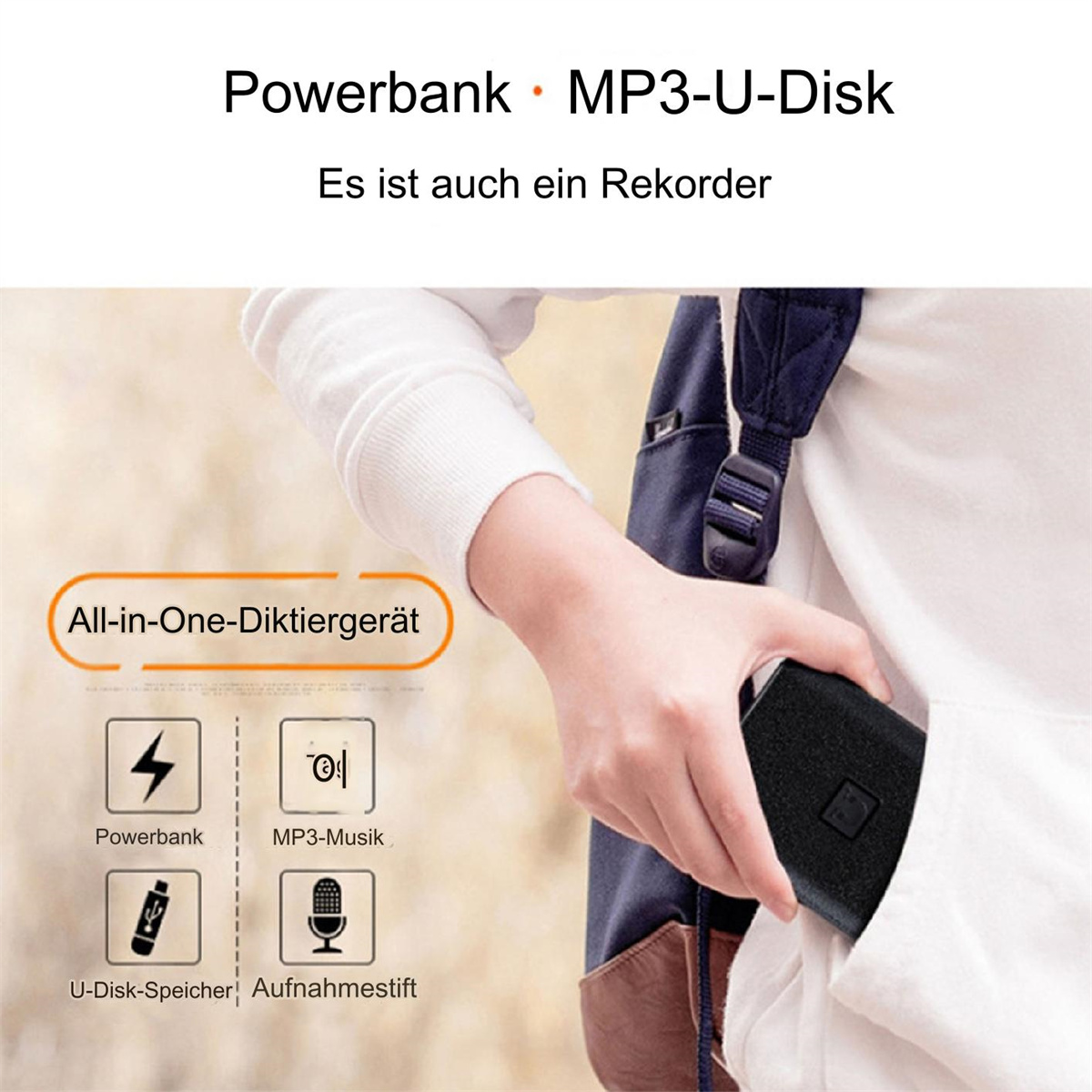 Eine Person, die ein schwarzes Gerät hält, das ein All-in-One-Diktiergerät zeigt. Es gibt mehrere Symbole.